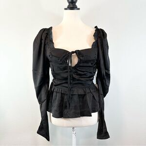 NWT Six/Fifty Black Smocked Peplum Blouse Satin Puff Shoulder, Size S